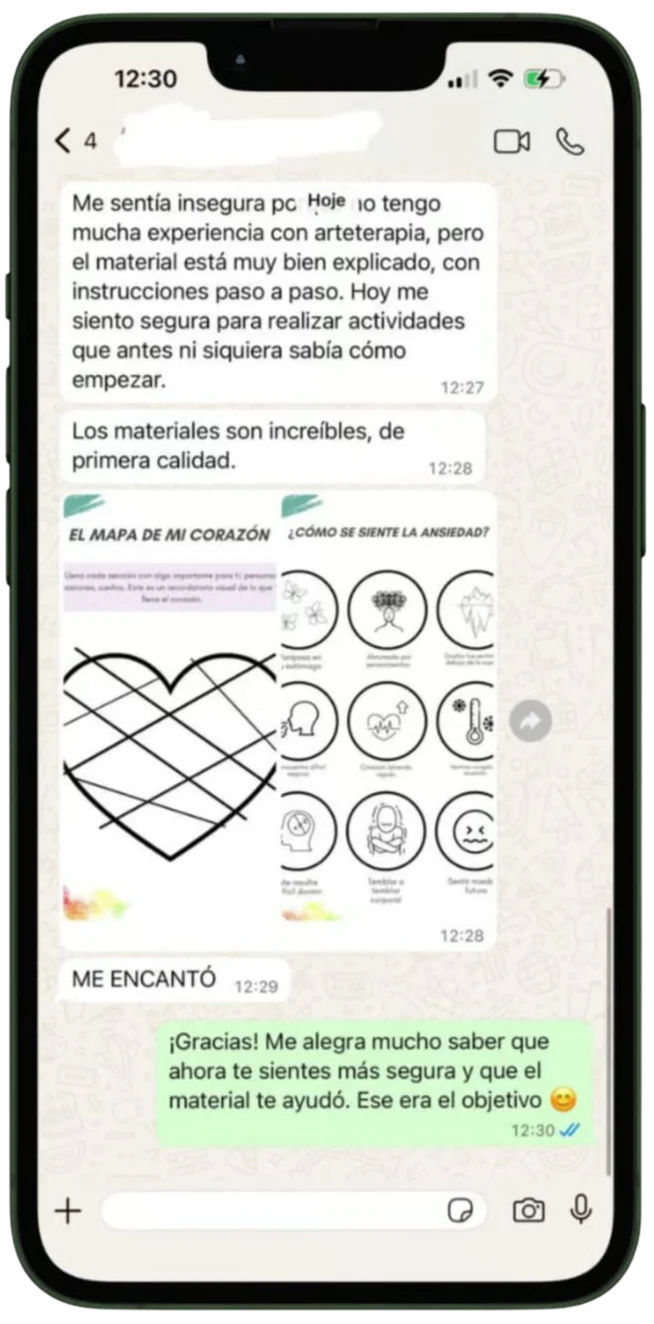 Reseña real por WhatsApp: se sentía insegura y ahora se siente segura usando el material